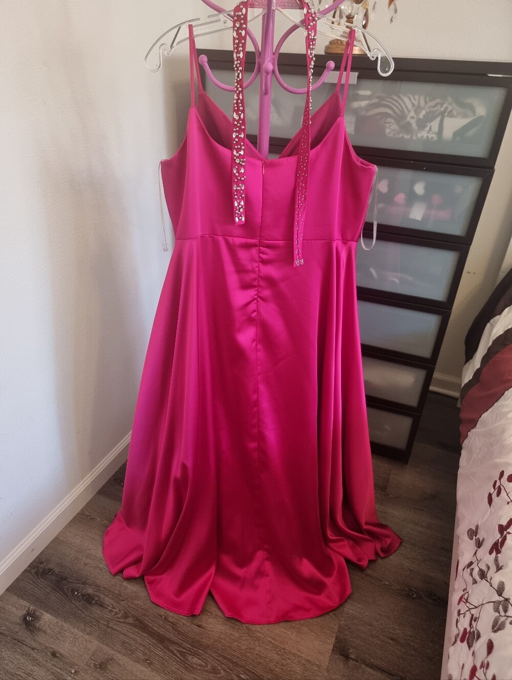 Women Hot Pink Satin Party Dress with Sparkle Straps